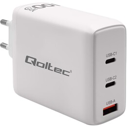 Qoltec 100W GaN Wandladegerät | 5-20V | 1,5-5 A | 2 x USB-C PD | 1 x USB QC 3.0 | Weiß