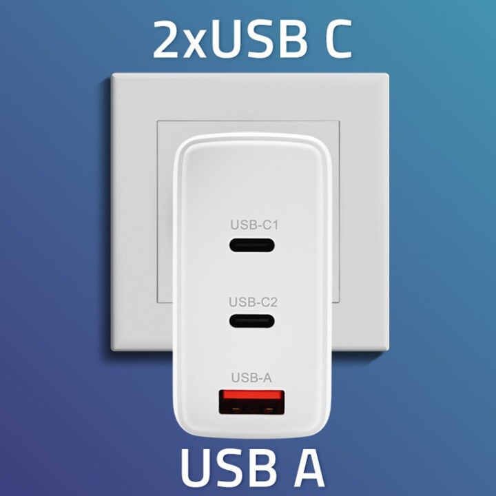 Caricatore da muro Qoltec GaN da 100 W | 5-20 V | 1,5-5A| 2 connettori USB-C | 1 USB QC 3.0 | Bianco