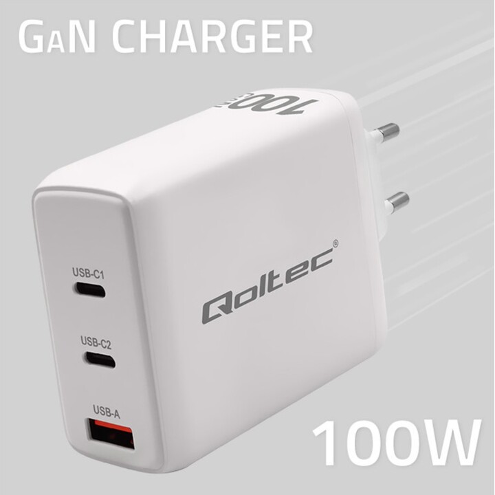 Qoltec 100W GaN Wandladegerät | 5-20V | 1,5-5 A | 2 x USB-C PD | 1 x USB QC 3.0 | Weiß