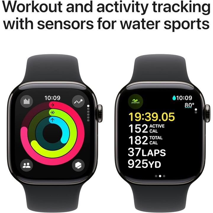 Apple Watch Series 10 GPS Cellular 42 mm, boîtier en titane ardoise avec bracelet sport noir - Taille S/M