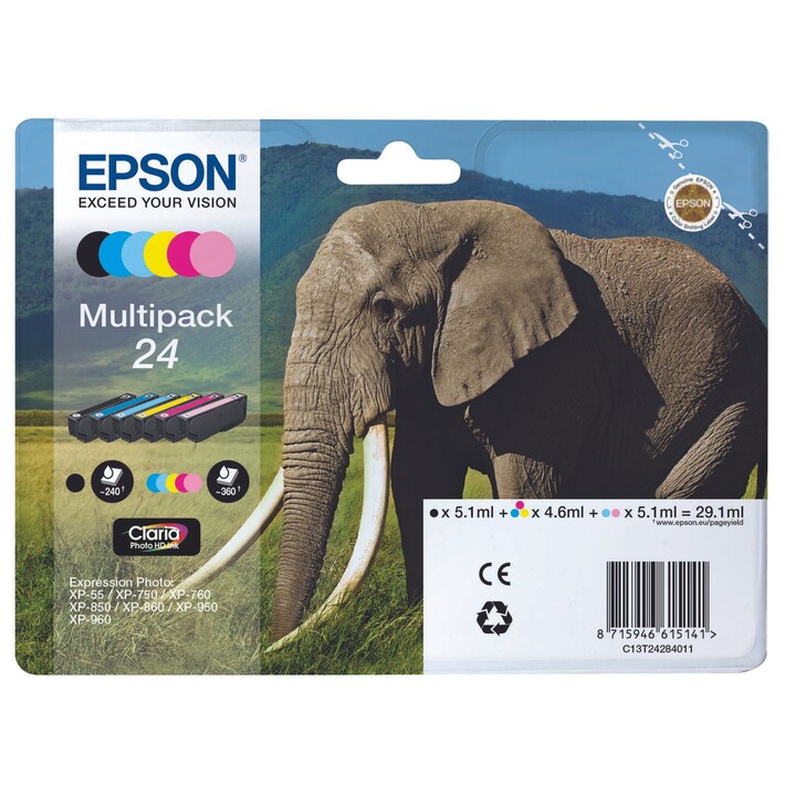 Epson Original 24 cartouches d imprimante Elephant Multipack de 6 BK/C/M/Y/LC/LM (C13T24284010)