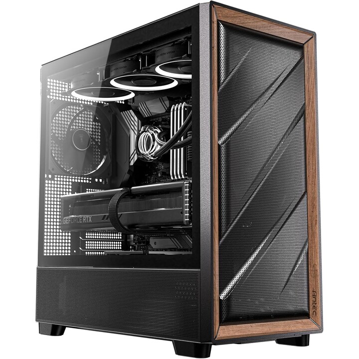 Antec Flux Wood, 5 x PWM-Lüfter im Lieferumfang enthalten, High-Airflow-Frontplatte mit Walnussholz, Typ-C, 420-mm-Kühler und Ba