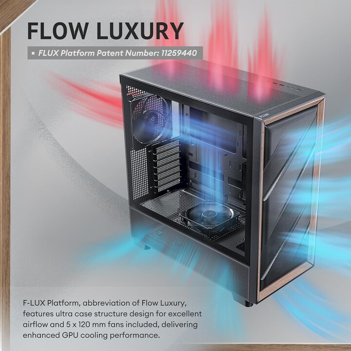 Antec Flux Wood, 5 x PWM-Lüfter im Lieferumfang enthalten, High-Airflow-Frontplatte mit Walnussholz, Typ-C, 420-mm-Kühler und Ba