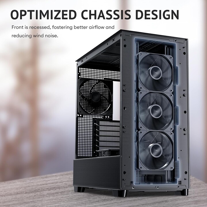 Antec Flux Wood, 5 x PWM-Lüfter im Lieferumfang enthalten, High-Airflow-Frontplatte mit Walnussholz, Typ-C, 420-mm-Kühler und Ba
