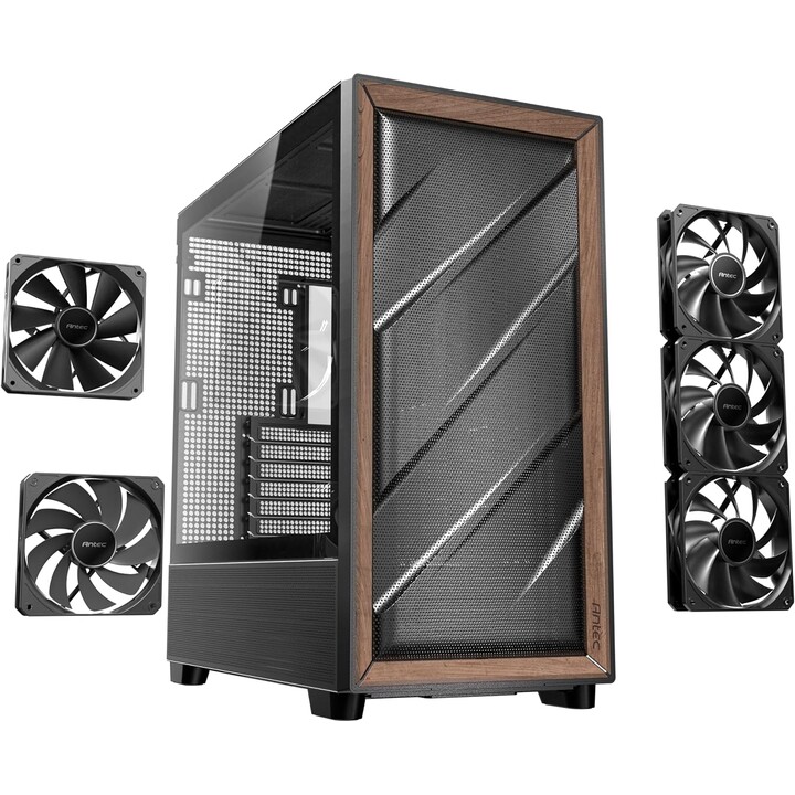 Antec Flux Wood, 5 x PWM-Lüfter im Lieferumfang enthalten, High-Airflow-Frontplatte mit Walnussholz, Typ-C, 420-mm-Kühler und Ba