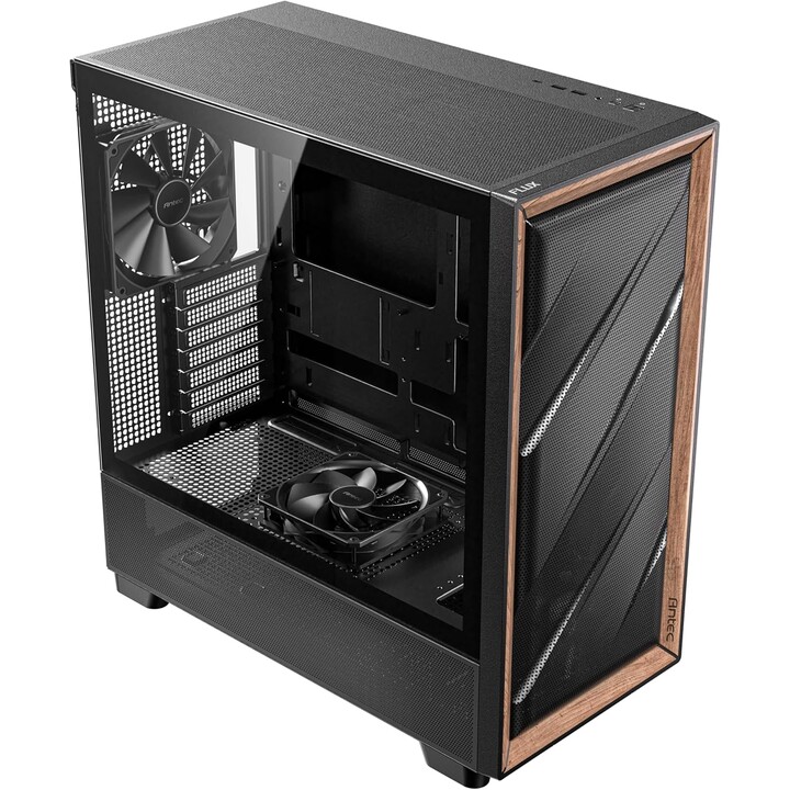 Antec Flux Wood, 5 x PWM-Lüfter im Lieferumfang enthalten, High-Airflow-Frontplatte mit Walnussholz, Typ-C, 420-mm-Kühler und Ba