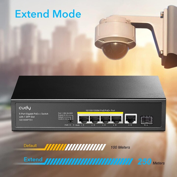 Cudy GS1005PTS1 Switch Gigabit PoE+ 5 ports 120 W, 4 ports PoE, 1 Sfp, 802.3at/af, Vlan