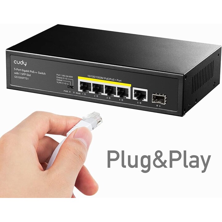 Cudy GS1005PTS1 Switch Gigabit PoE+ 5 ports 120 W, 4 ports PoE, 1 Sfp, 802.3at/af, Vlan