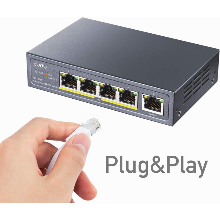 Cudy GS1005P Gigabit Ethernet Switch 5 Ports Poe+ 60W, 4 Ports 10/100/1000Mbps Poe+, Switch Non Géré