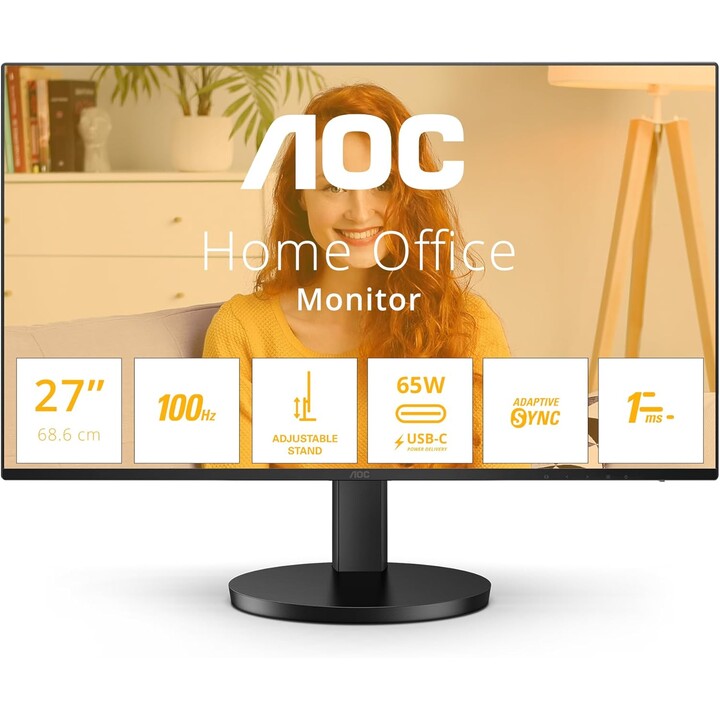 AOC Q27B3CF2-Monitor QHD de 27 polegadas, alto-falante, altura ajustável (2560 x 1440, 100 Hz, HDMI 1.4, USB-C (65W PD), hub USB