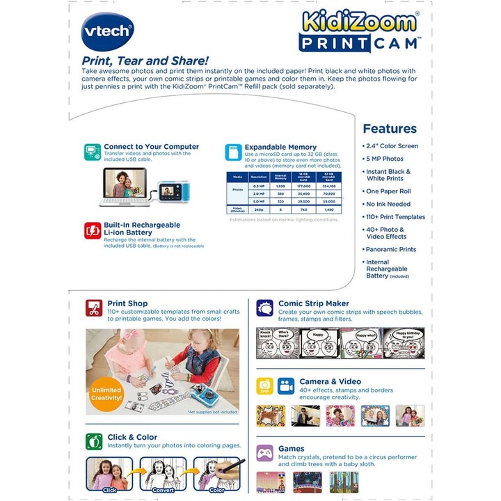 Vtech Kidizoom Print Cam Bleu - Appareil photo instantané pour enfants