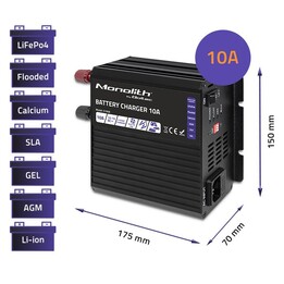 Qoltec 51958 Cargador Monolito Inteligente para baterías LiFePO4 AGM GEL SLA | 10A | 12V