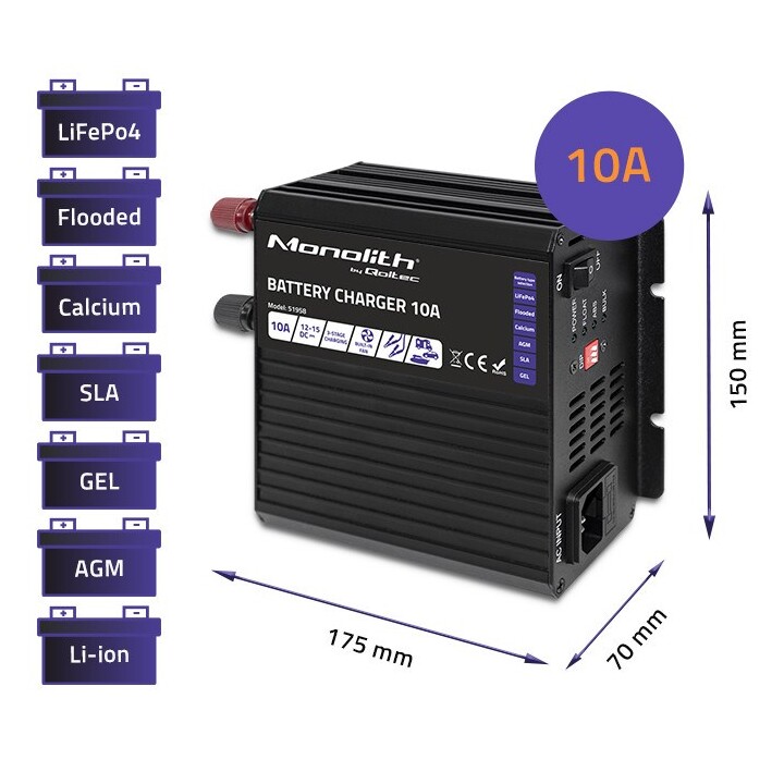 Qoltec 51958 Cargador Monolito Inteligente para baterías LiFePO4 AGM GEL SLA | 10A | 12V