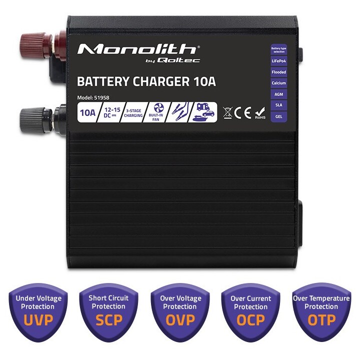Qoltec 51958 Intelligentes Monolith-Ladegerät für LiFePO4 AGM GEL SLA-Batterien | 10A | 12V