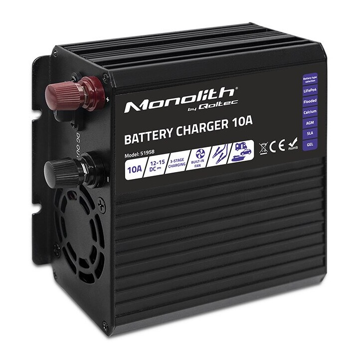 Qoltec 51958 Cargador Monolito Inteligente para baterías LiFePO4 AGM GEL SLA | 10A | 12V
