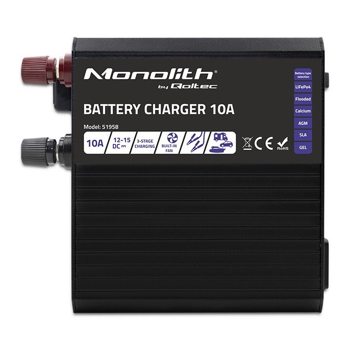 Qoltec 51958 Intelligentes Monolith-Ladegerät für LiFePO4 AGM GEL SLA-Batterien | 10A | 12V