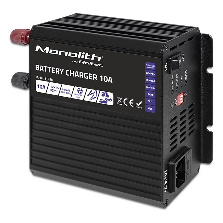 Qoltec 51958 Intelligentes Monolith-Ladegerät für LiFePO4 AGM GEL SLA-Batterien | 10A | 12V