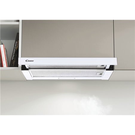 Candy CBT625/2W, Teleskophaube 60 cm, 2 Leistungsstufen, 67,5 W, 332,1 m3/h, Kohlefilter, fettabweisende Aluminiumplatte