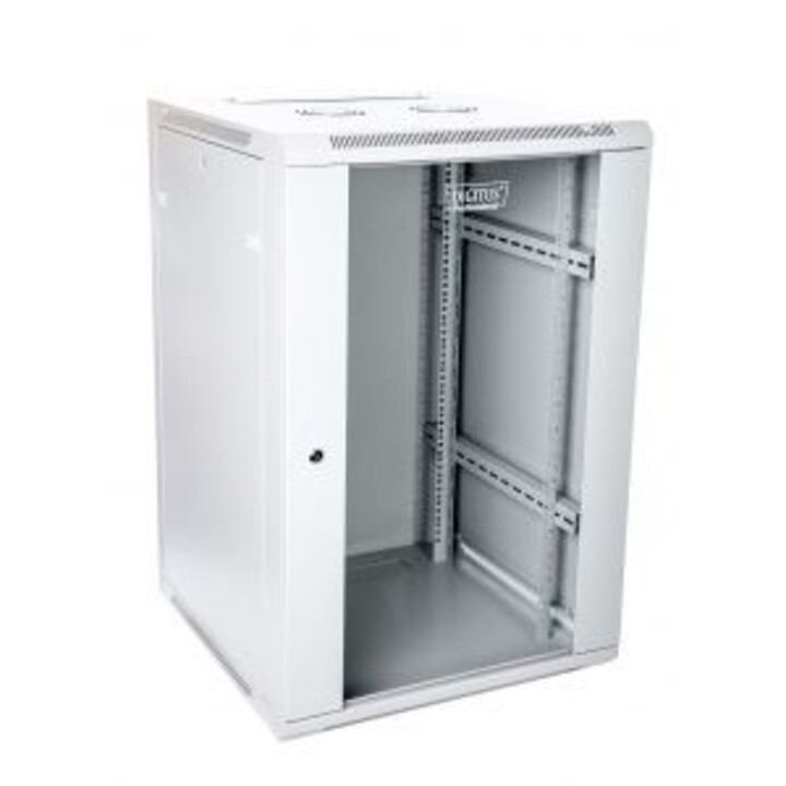 Wandmontierter Netzwerkschrank 19" 18HE Rack 600x600, Türscheibe, grau, ungeteilt, gefaltet, 60kg