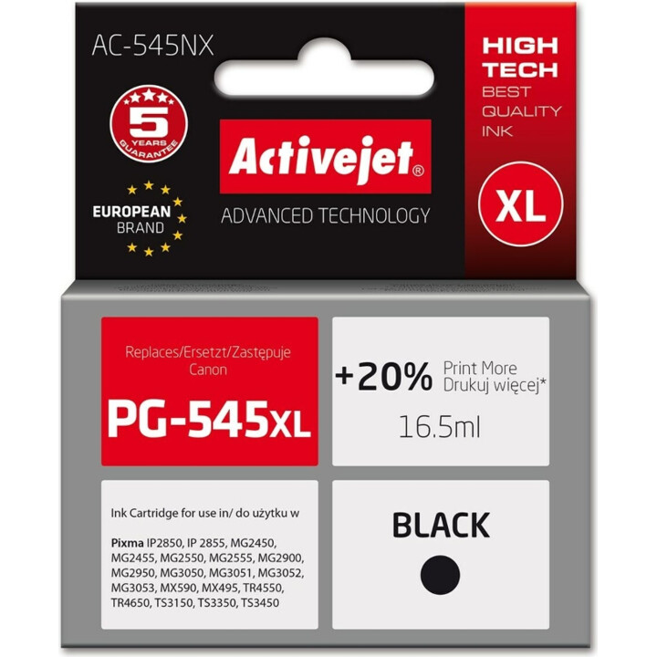 Activejet Tinta AC-545NX para Canon, Recambio Canon PG-545XL Suprema 16,5ml Negro