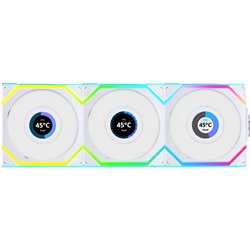 Lian Li Uni Ventilador SL LCD ARGB Lâmina Reversa 120mm Pacote Triplo Sem Fio Branco