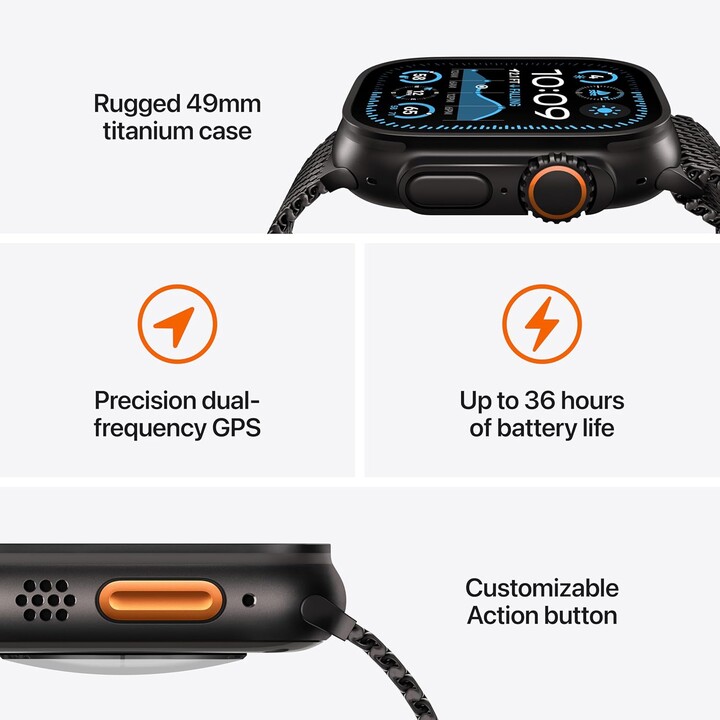 Apple Watch Ultra 2 GPS Cellular 49 mm, boîtier en titane robuste noir avec boucle milanaise noire, taille M