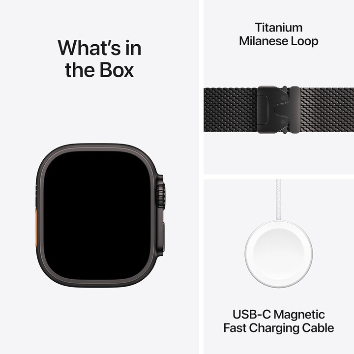 Apple Watch Ultra 2 GPS Cellular 49 mm, boîtier en titane robuste noir avec boucle milanaise noire, taille M