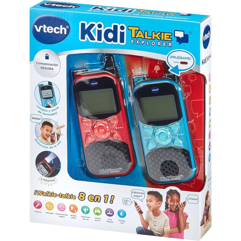 VTech - KidiTalkie Explorer Azul/Vermelho, Walkie-Talkies infantis com lanterna e efeitos de voz, envio de mensagens, função de 