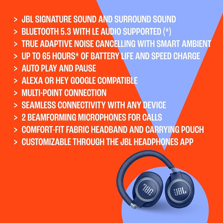 Casque supra-auriculaire sans fil JBL Live 770NC avec Smart Ambient, 65 heures d'autonomie, noir