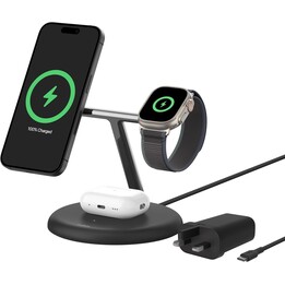 Supporto di ricarica wireless 3 in 1 Belkin con MagSafe, caricabatterie magnetico Qi2 da 15 W, ricarica rapida per iPhone, Nero