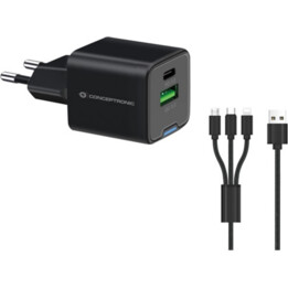 Conceptronic althea 33w usb-c + usb black charger for home + 3 in 1 usb-c / usb / lightning cable