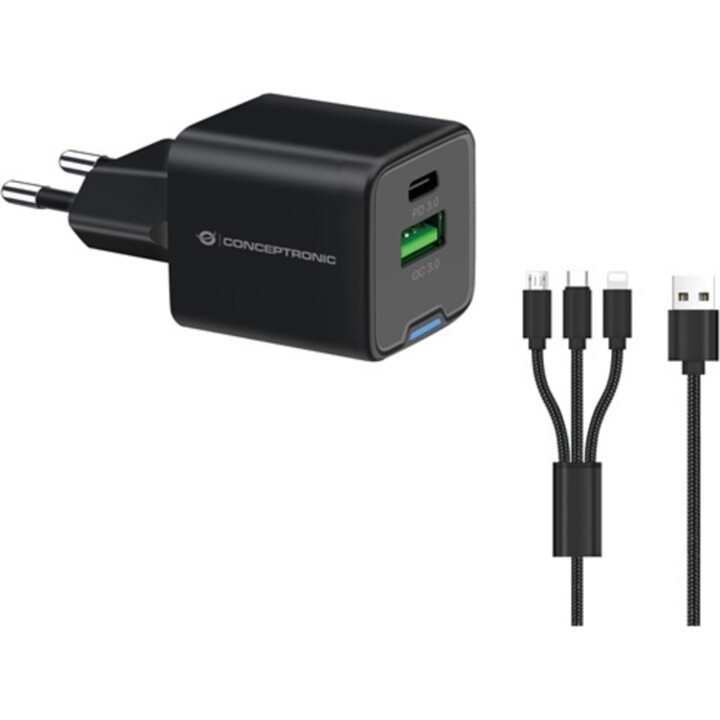 Conceptronic althea 33w usb-c + caricatore usb nero per la casa + cavo 3 in 1 usb-c / usb / lightning