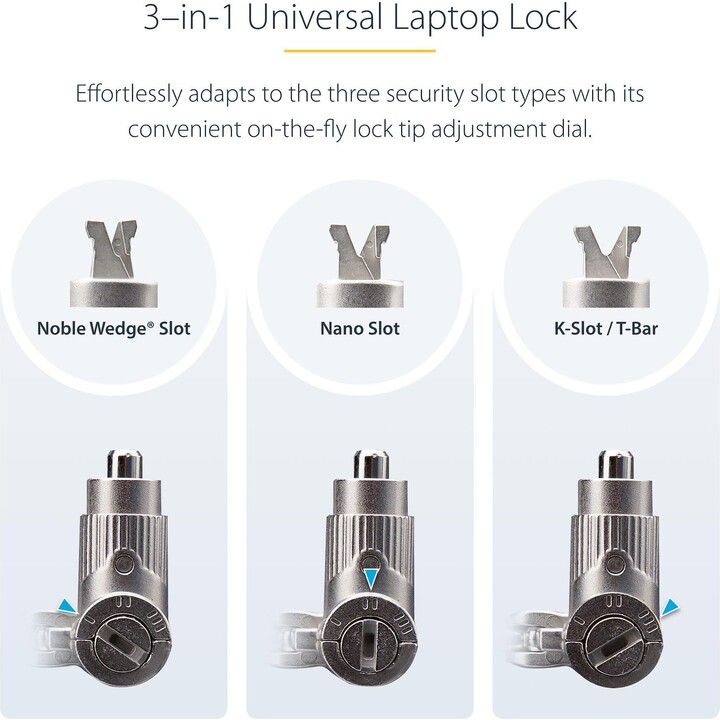 StarTech.com Cabo antirroubo universal 3 em 1 com trava para laptops - Compatível com Noble Wedge/Nano/K-Slot