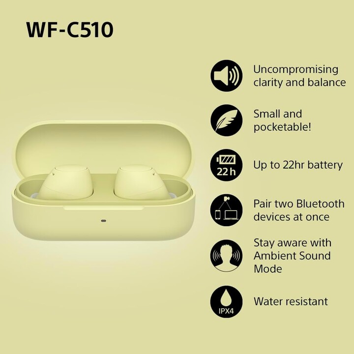 Auricolari veramente wireless Sony WF-C510, cuffie intrauricolari Bluetooth con connessione multipunto, giallo