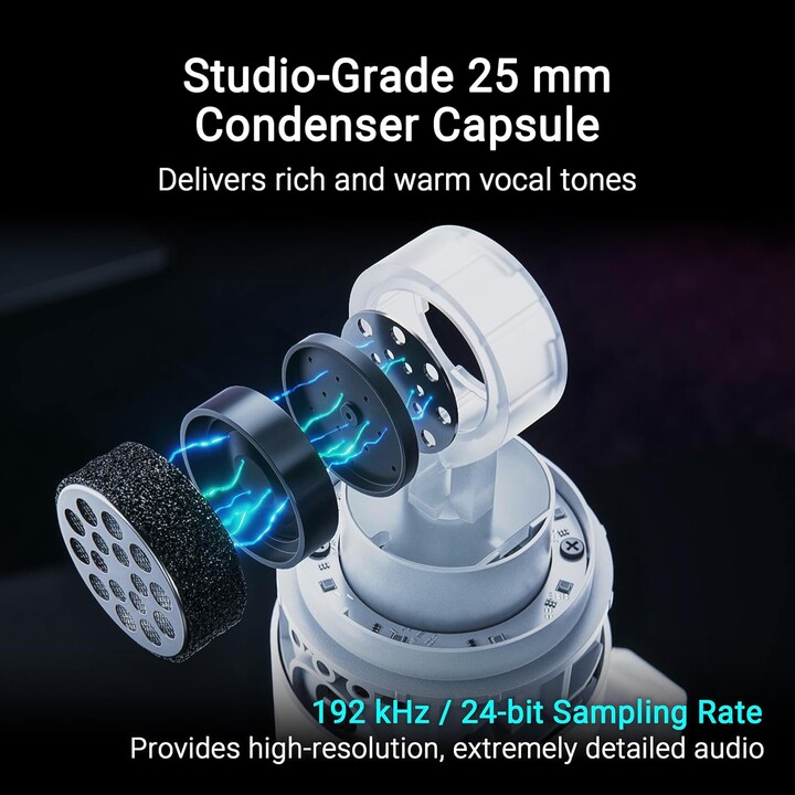 ASUS ROG Carnyx, microphone de jeu USB blanc, capsule à condensateur 25 mm, 192 kHz/24 bits, filtre passe-haut
