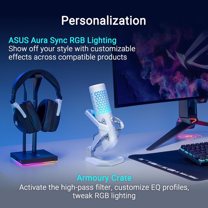 ASUS ROG Carnyx, microfono da gioco USB bianco, capsula a condensatore da 25 mm, 192 kHz/24 bit, filtro passa-alto