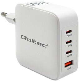 Carregador de parede Qoltec 140W GaN | 5-20V | 2,5-5A | 3 x USB-C PD | 1 x USB QC 3.0 | Branco