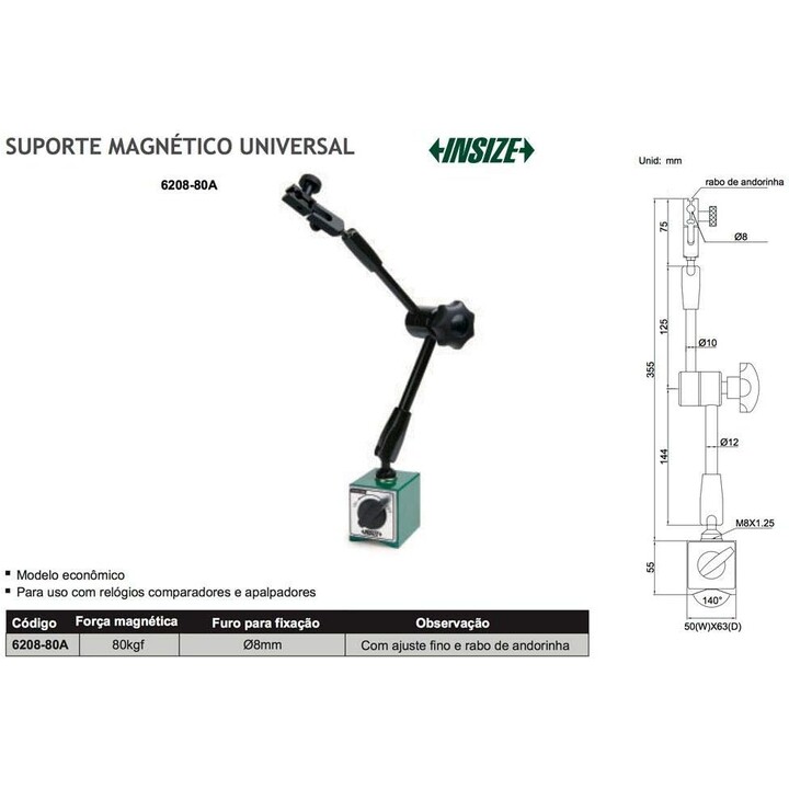 Insize 6208-80A magnetic stand with articulated column for measurements, Silver