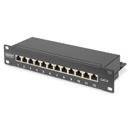 10 12x RJ45 Patch Panel, Nível LSA, Cat6, Blindado, 1U, Preto, Passador de Cabo