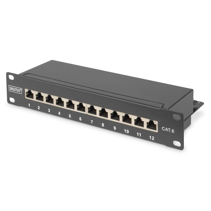 Pannello patch 12x RJ45 da 10 , livello LSA, Cat6, schermato, 1U, nero, passacavo