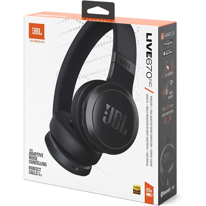 Auriculares inalámbricos supraurales JBL Live 670 NC con cancelación de ruido, 65 horas de reproducción, color negro