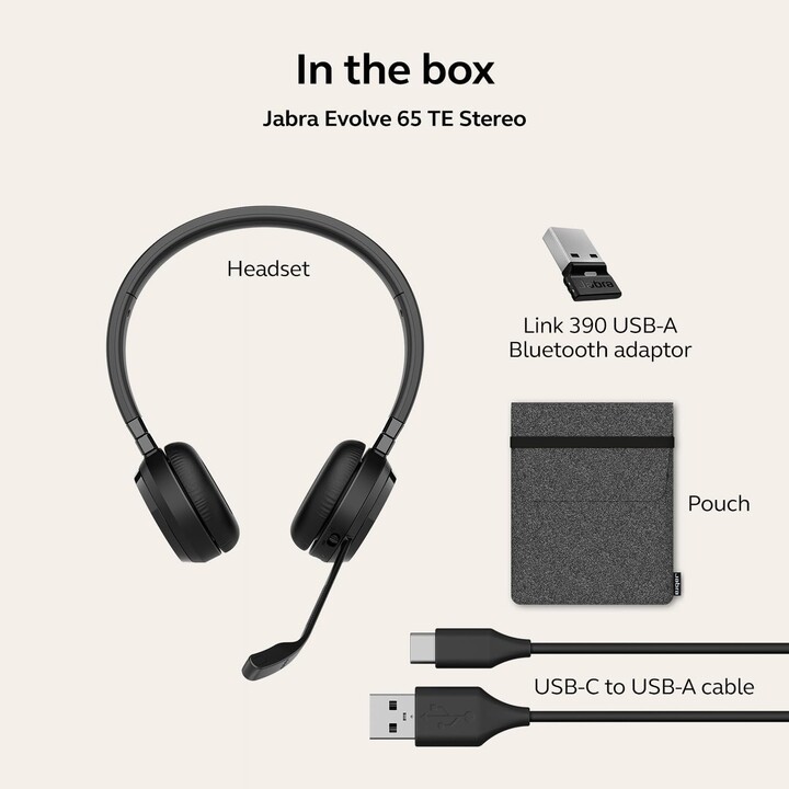 Jabra Evolve 65 TE Auriculares Estéreo Inalámbricos, Certificado UC, Alcance 30 m, 12 Horas, USB-A, Negro
