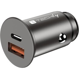 TECHLY Mini Car Charger, USB-A and USB-C™ Fast Charging 38W Metal Black