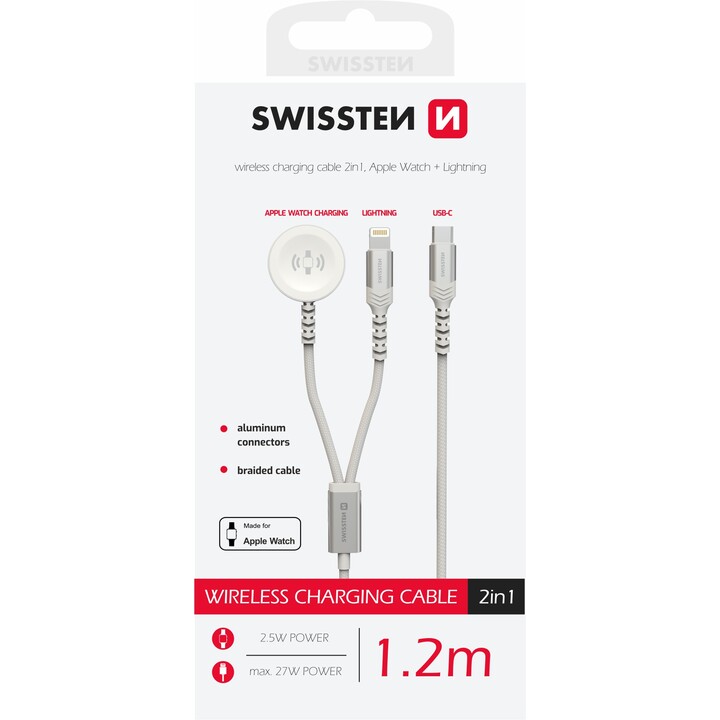 Carregador sem fio 2 em 1 Apple Watch e Lightning, USB-C 1,2 M Branco