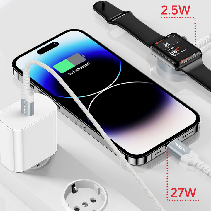 Carregador sem fio 2 em 1 Apple Watch e Lightning, USB-C 1,2 M Branco
