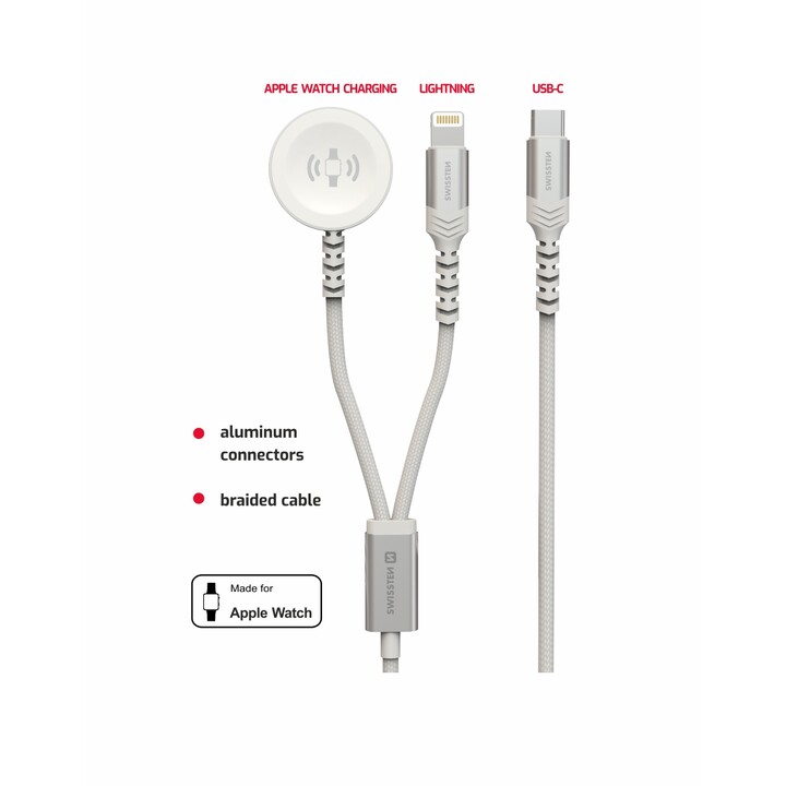 Carregador sem fio 2 em 1 Apple Watch e Lightning, USB-C 1,2 M Branco
