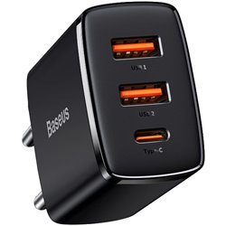 Baseus Compact Quick Charger, 30W 2x USB-A 1x USB-C PD 3.0 QC 3.0, Black