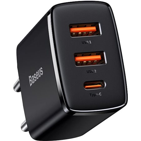 Baseus Compact Schnellladegerät, 30W 2x USB-A 1x USB-C PD 3.0 QC 3.0, Schwarz