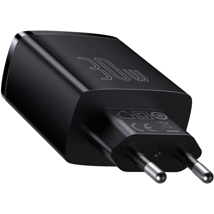 Carregador rápido compacto Baseus, 30 W 2x USB-A 1x USB-C PD 3.0 QC 3.0, preto