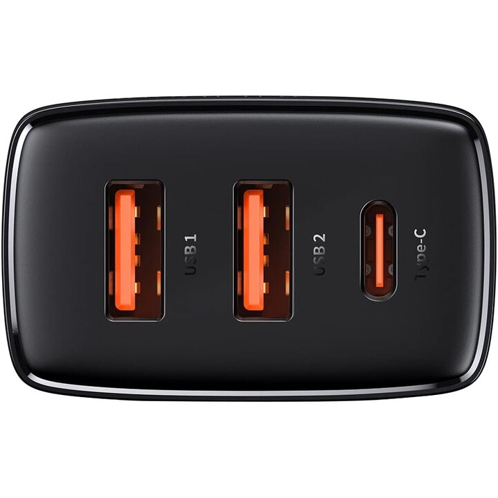 Carregador rápido compacto Baseus, 30 W 2x USB-A 1x USB-C PD 3.0 QC 3.0, preto